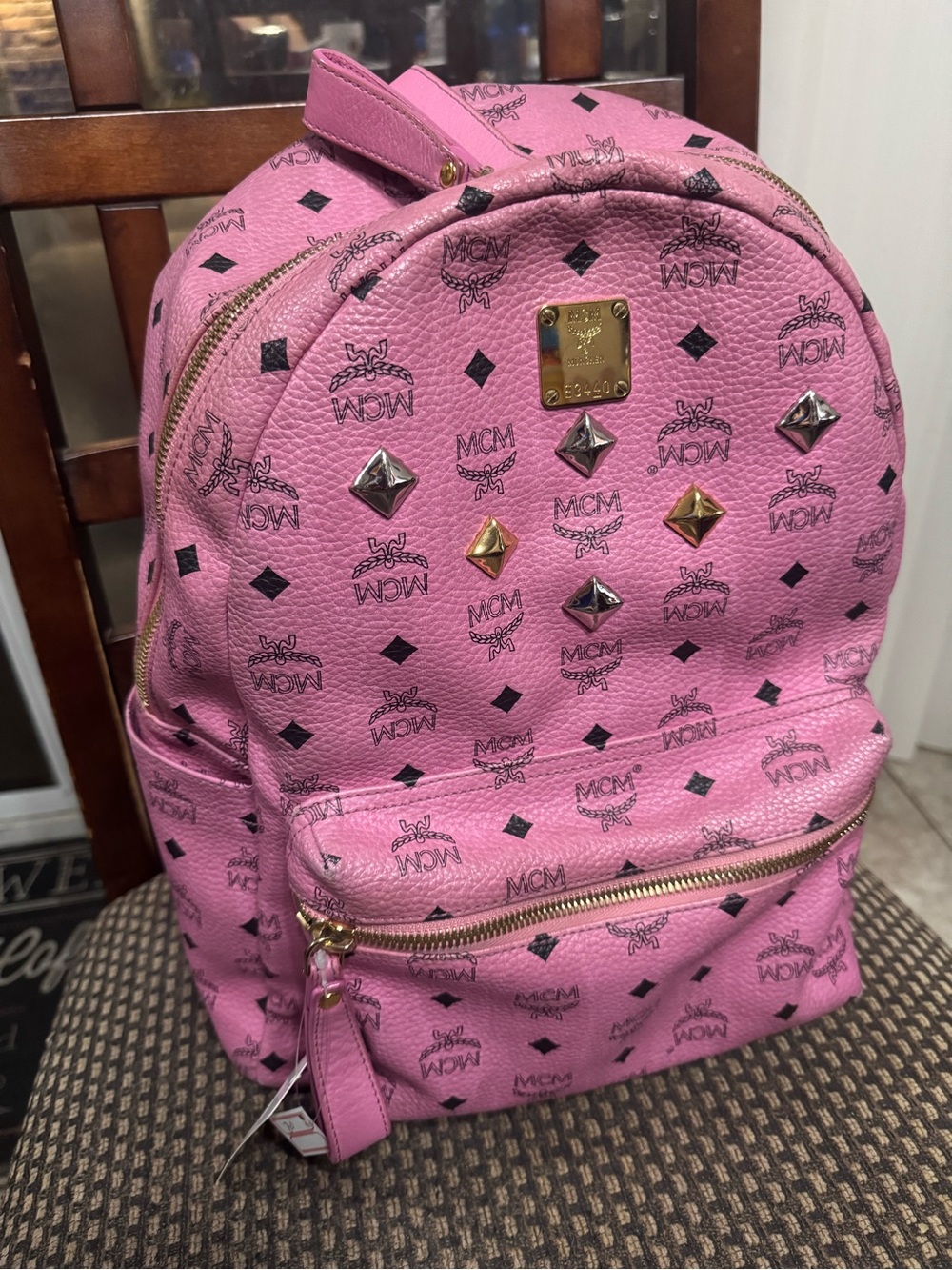 🩷MCM Visetos Pink Studded Leather Backpack